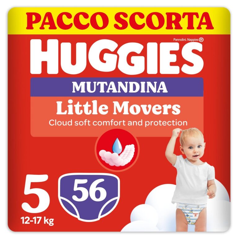 Huggies Little Movers Mutandina, 56 Pannolini Mutandina Taglia 5 (12-17 Kg) | Pannolini mutandina Taglia 5, Doppie Fasce Laterali, Per Protezione Extra, Dermatologicamente testati