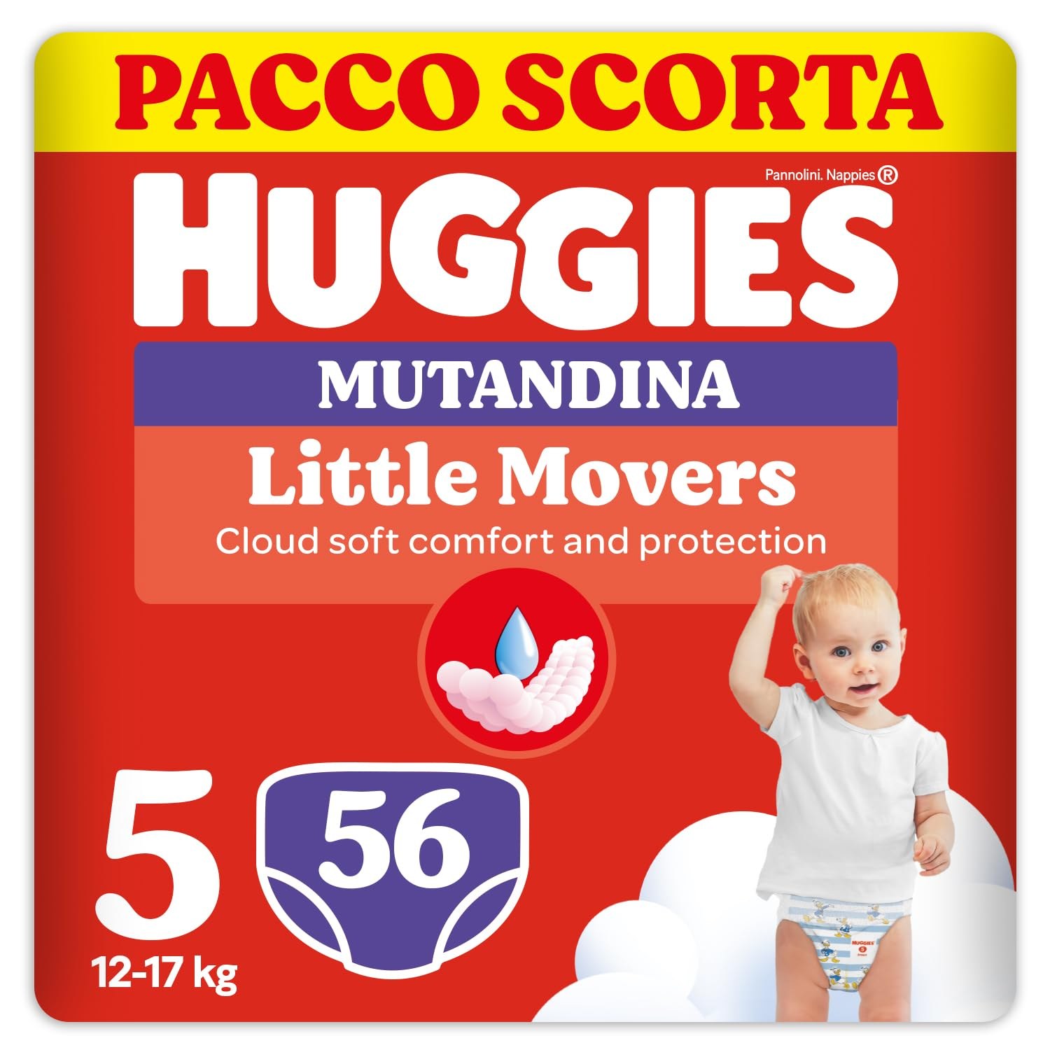 Huggies Little Movers Mutandina, 56 Pannolini Mutandina Taglia 5 (12-17 Kg) | Pannolini mutandina Taglia 5, Doppie Fasce Laterali, Per Protezione Extra, Dermatologicamente testati