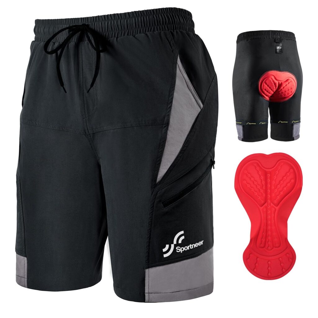 Sportneer Pantaloncini da Ciclismo da Uomo: Imbottiti 3D, Leggeri, per Equitazione, Ciclismo, Mountain Bike, UPF 50+, Tasche con Cerniera