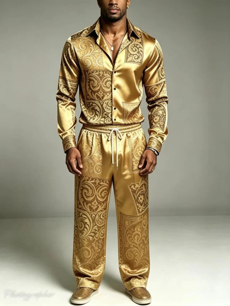 Men's Two-Piece Satin Silk Set Long Sleeved Paisley Printed Shirt & Elastic Waist Pants High-End Gold Party Wedding Casual Set