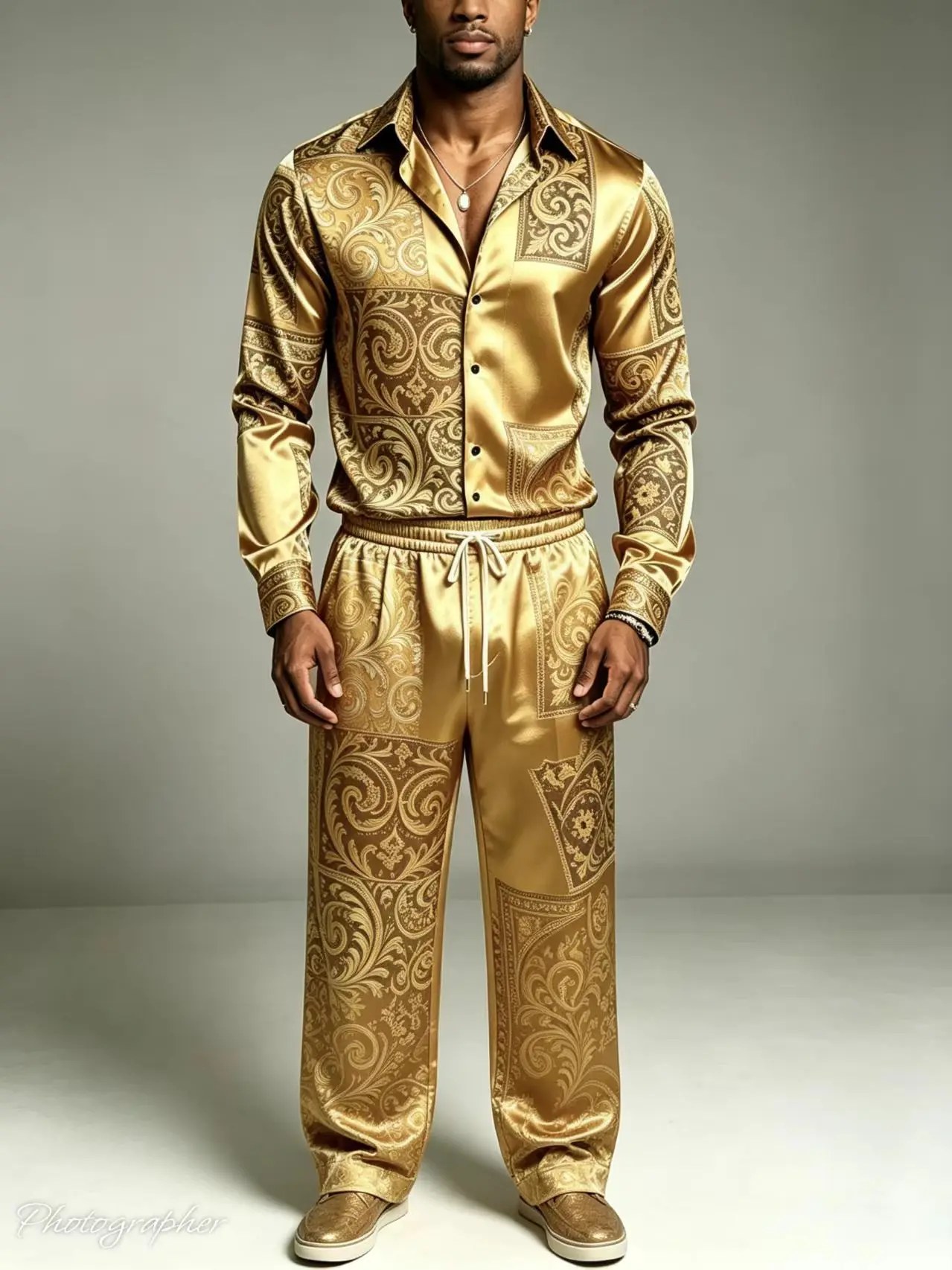 Men's Two-Piece Satin Silk Set Long Sleeved Paisley Printed Shirt & Elastic Waist Pants High-End Gold Party Wedding Casual Set