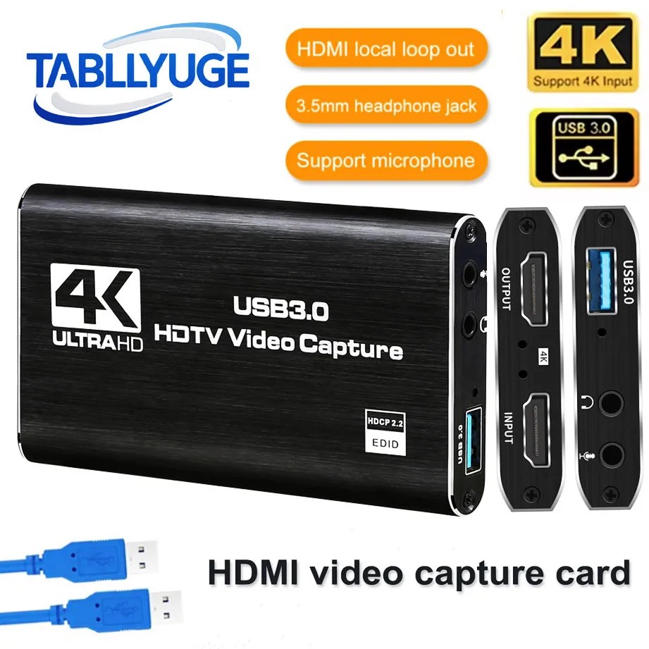 TABLLYUGE 4K USB 3.0 HDTV Scheda di acquisizione video Videoregistratore compatibile HDMI Grabber per PC PS4 OBS Registrazione di giochi Gioco Audio Mic