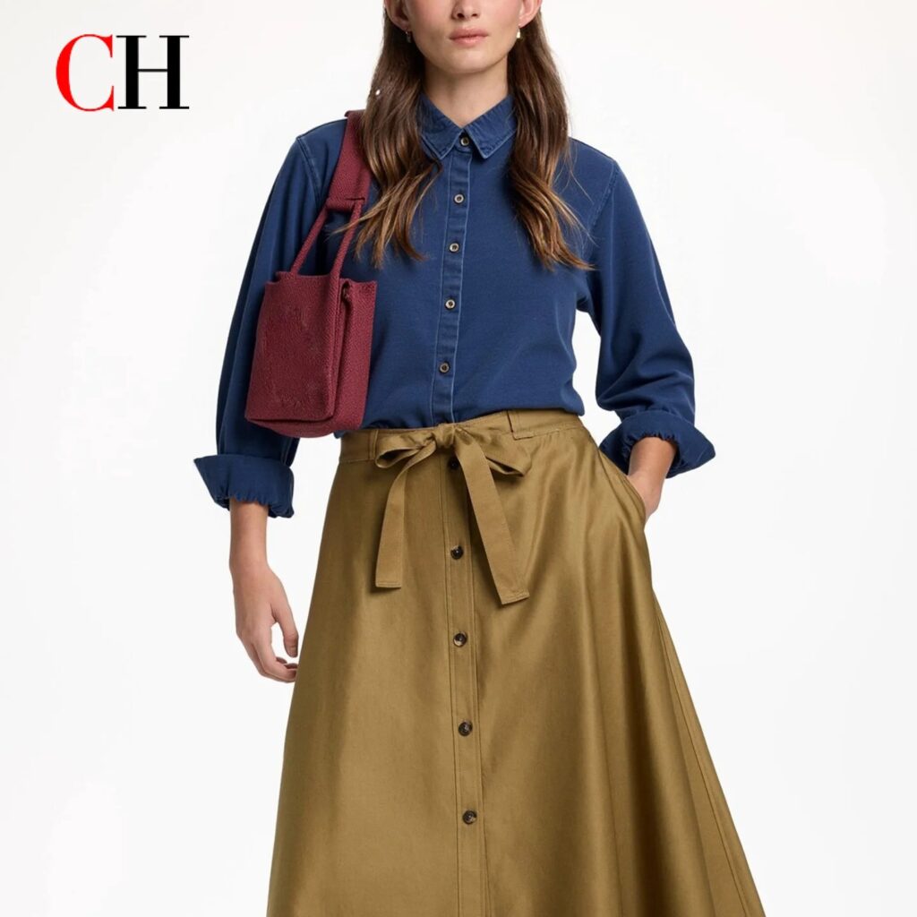 Camicia in Denim Ricamata CH a Maniche Lunghe per Donna, Colletto a Punta, Vestibilità Regolare, Stile Americano, Comoda per Uso Quotidiano