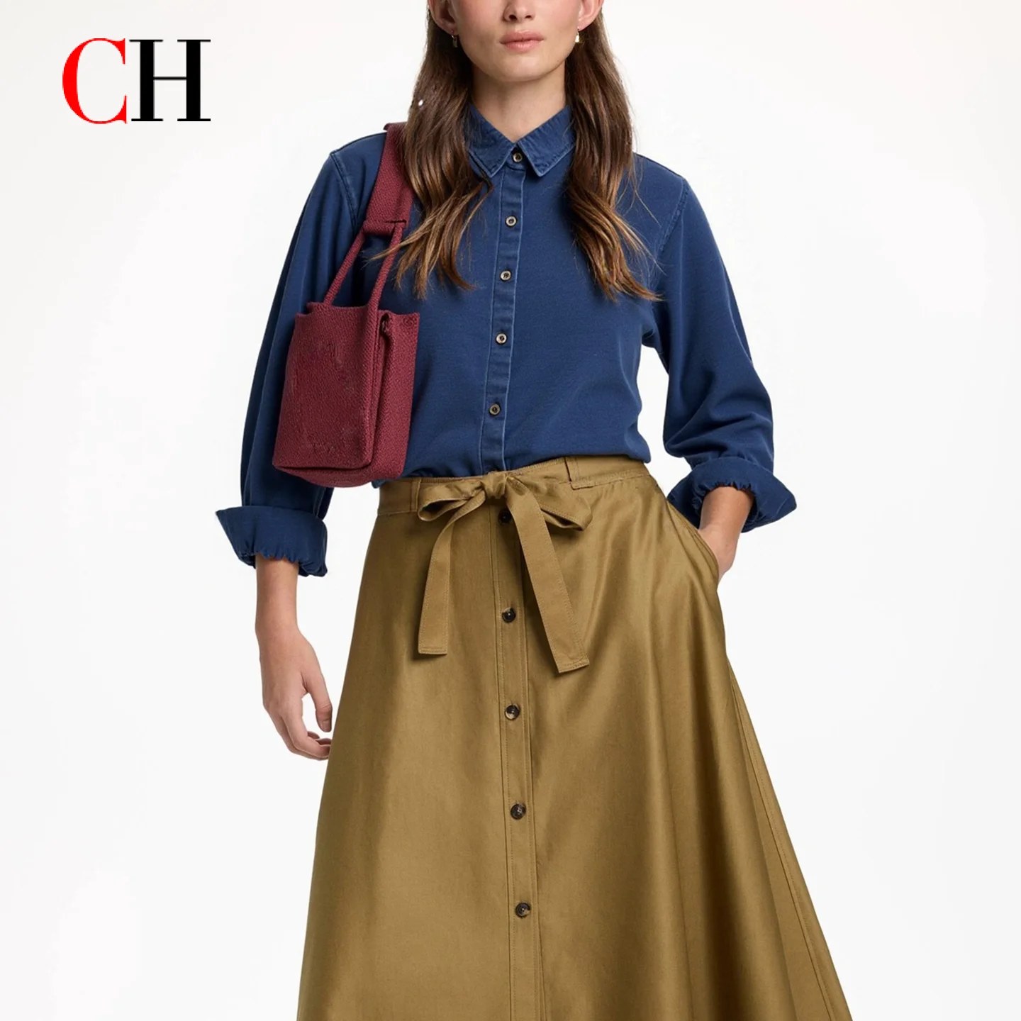 Camicia in Denim Ricamata CH a Maniche Lunghe per Donna, Colletto a Punta, Vestibilità Regolare, Stile Americano, Comoda per Uso Quotidiano