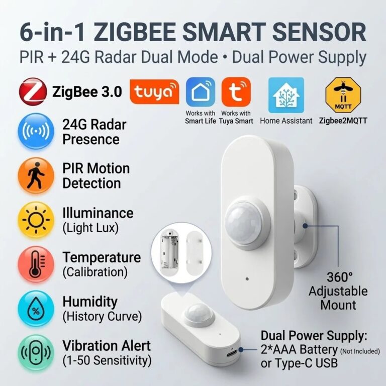 6 in 1 Sensore di Movimento e Presenza Umana con Radar ZigBee 24G MmWave + PIR a Infrarossi + Rilevamento di Illuminazione per Domotica Z2M