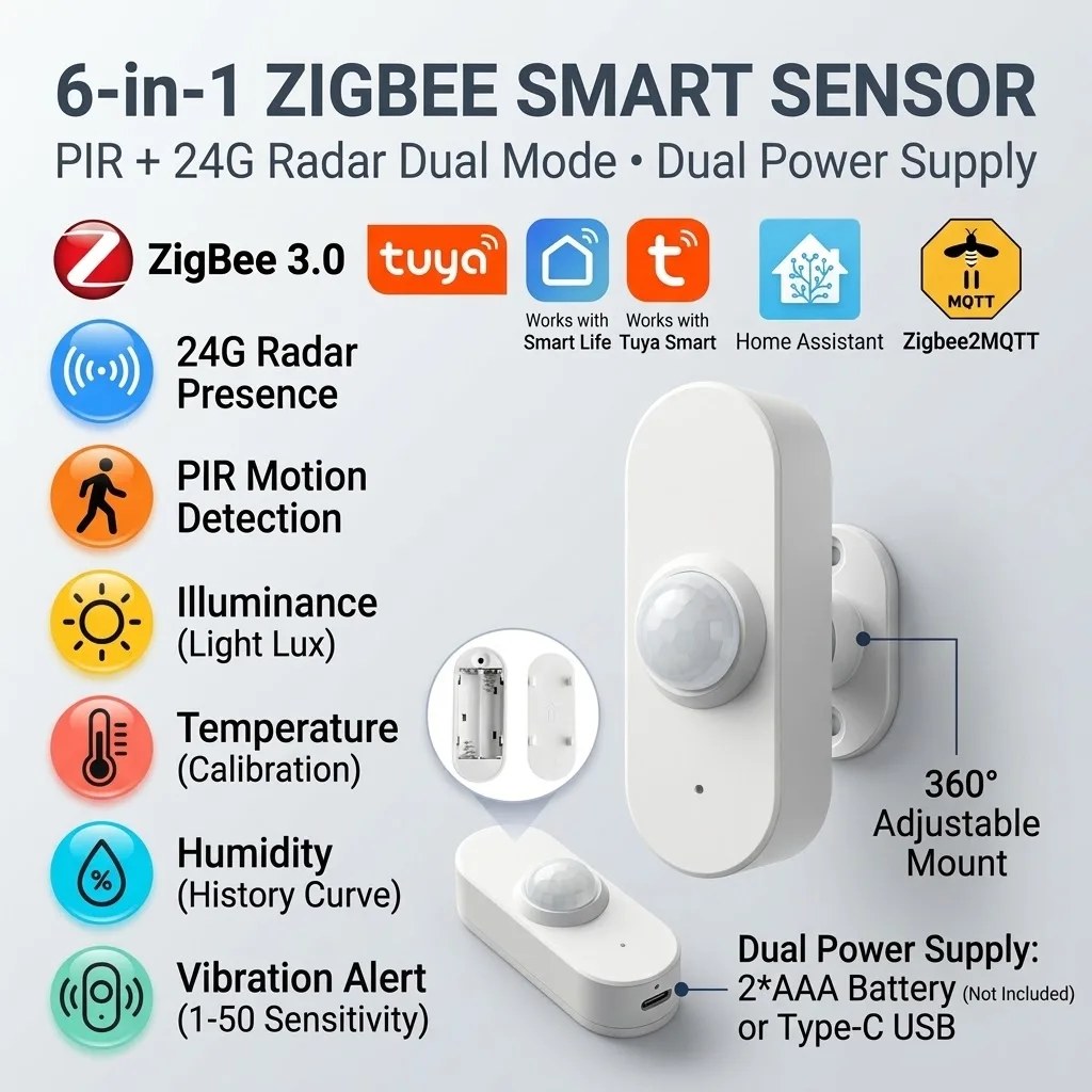 6 in 1 Sensore di Movimento e Presenza Umana con Radar ZigBee 24G MmWave + PIR a Infrarossi + Rilevamento di Illuminazione per Domotica Z2M