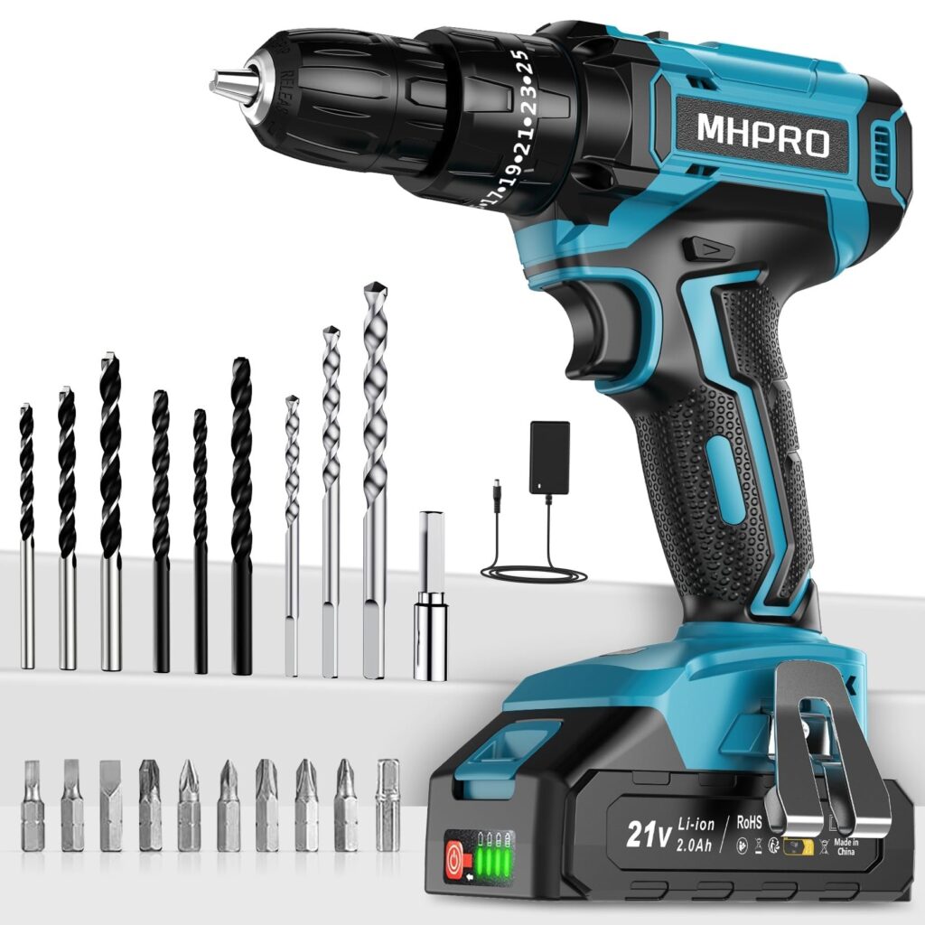 MHPRO Trapano Avvitatore Batteria 21V, Avvitatore a Batteria con Batterie 2.0Ah, 42N.m Avvitatore Elettrico, 25+3 Coppie, 2 Velocità, 24PCS Accessori per Casa Progetto, Fai da te,…