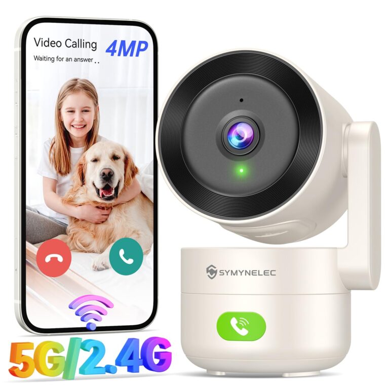 SYMYNELEC 5GHz/2,4GHz Telecamera WiFi da Interno 2K 4MP, Rotazione 360° | Rilevamento Movimento, Visione Notturna, Chiamata con un Tocco, Audio Bidirezionale, Bambini/Animali, Com…