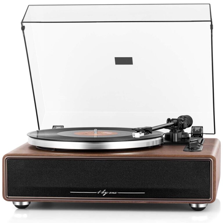 1 BY ONE Giradischi Vinili a Cinghia Hi-Fi con Altoparlanti Integrati | Alta Fedeltà, 4 Altoparlanti Stereo, 33/45 RPM, Bluetooth, AUX IN, Contrappeso Regolabile, Testina AT-3600L