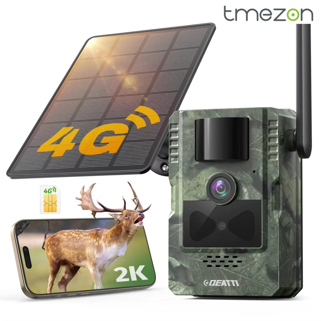 TMEZON Fotocamera per Fauna Selvatica 4G LTE con App di Trasferimento su Smartphone, Fotocamera da Caccia Solare 2.7K con Scheda SIM, Sensore di Movimento PIR, Visione Notturna, S…
