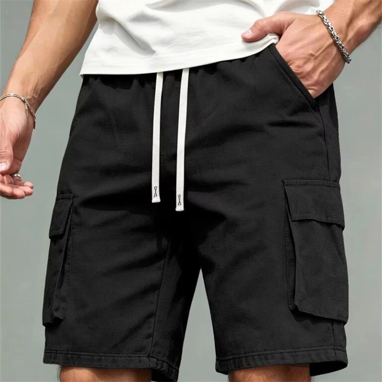 Pantaloncini Cargo Estivi da Uomo, Multi Tasche, Vita Elastica con Cordoncino, Lunghezza al Ginocchio, per Uso Quotidiano, Outdoor e Lavoro