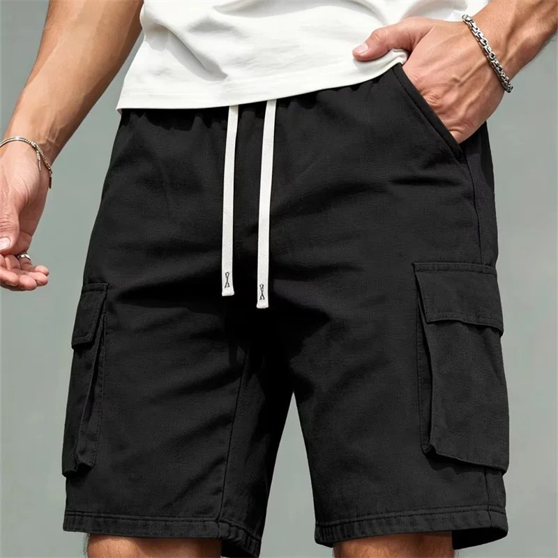 Pantaloncini Cargo Estivi da Uomo, Multi Tasche, Vita Elastica con Cordoncino, Lunghezza al Ginocchio, per Uso Quotidiano, Outdoor e Lavoro