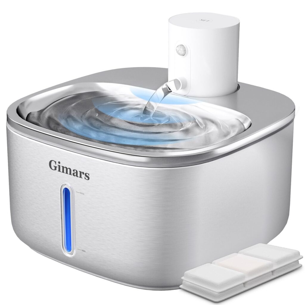 Fontana per gatti Gimars, fontana per animali domestici in acciaio inossidabile da 108 oz/3,2 l, senza fili, a batteria, distributore automatico di acqua per cani senza fili con s…