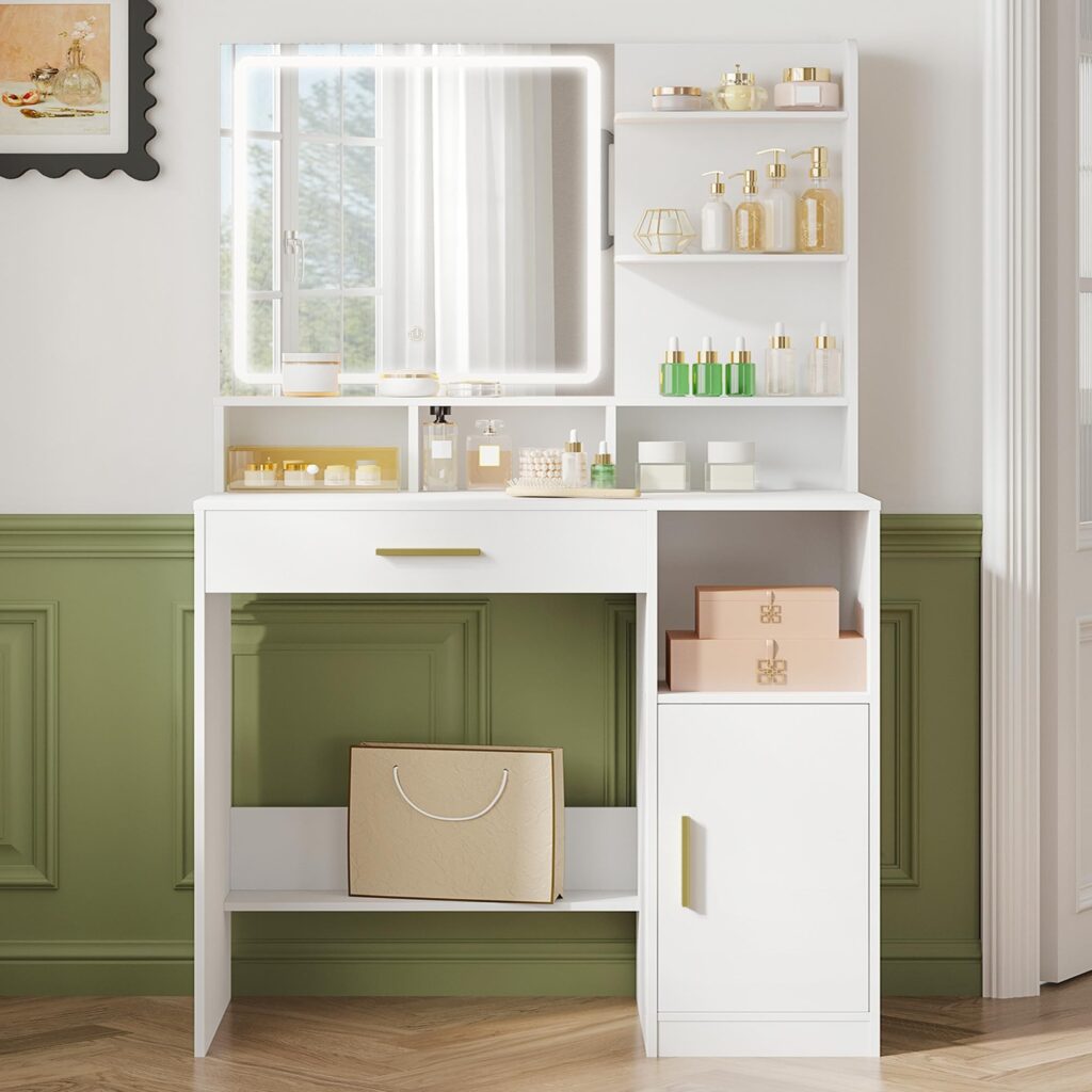 Hzuaneri Toeletta da Trucco, Luminosità Regolabile, Bianco | Tavolo da Trucco con Specchio Grande, Ampio Cassetto e Armadietto, Durevole e Stabile, Camera da Letto, Moderno, DT421…