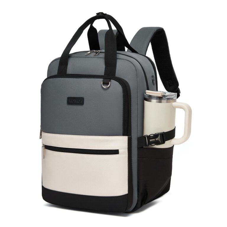 KONO Zaino Donna Porta PC 15,6 Pollici, Impermeabile, Grande Capacità con Tasca Porta Borraccia, Zaino per PC Portatile per Lavoro, Università e Viaggio (Grigio/Beige)