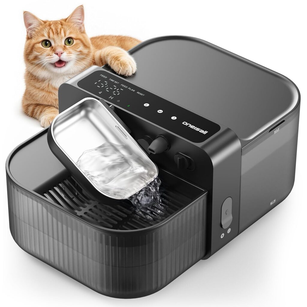 Oneisall Fontana per gatti senza fili, 3,5 l, in acciaio inox ABS/304 | Senza cambio del filtro grazie alla separazione delle acque fresche e reflue, display LED programmabile, <…