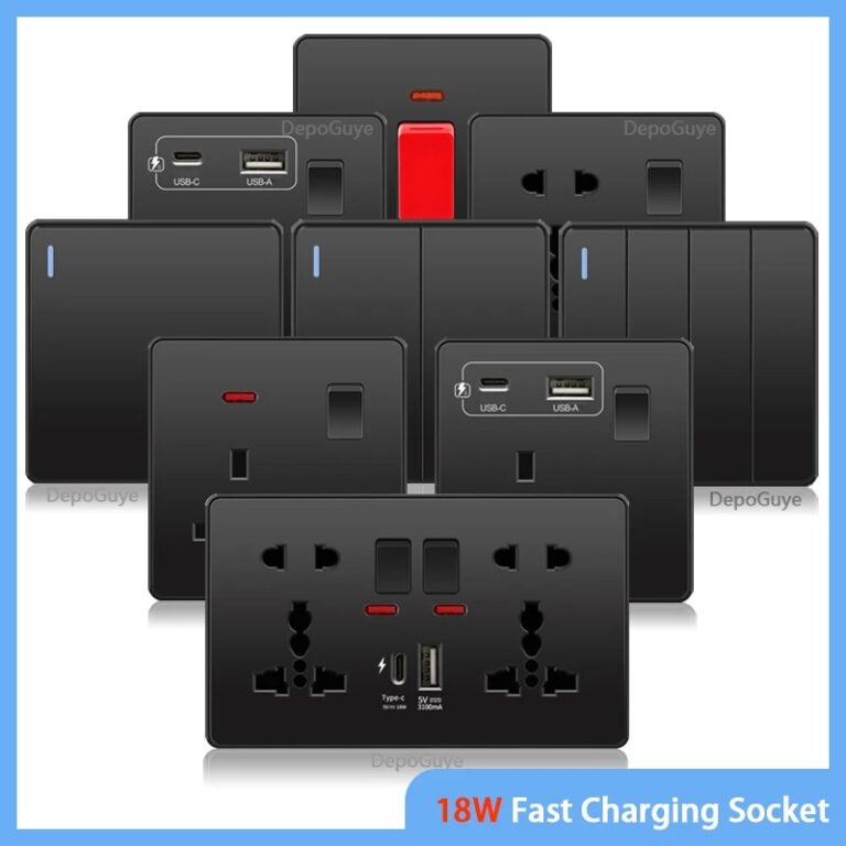 Presa di ricarica rapida intelligente da 18 W, colore nero, con connettore USB Type-C e doppia presa di corrente a 5 poli, modello britannico, interruttore per luci da parete, uti…