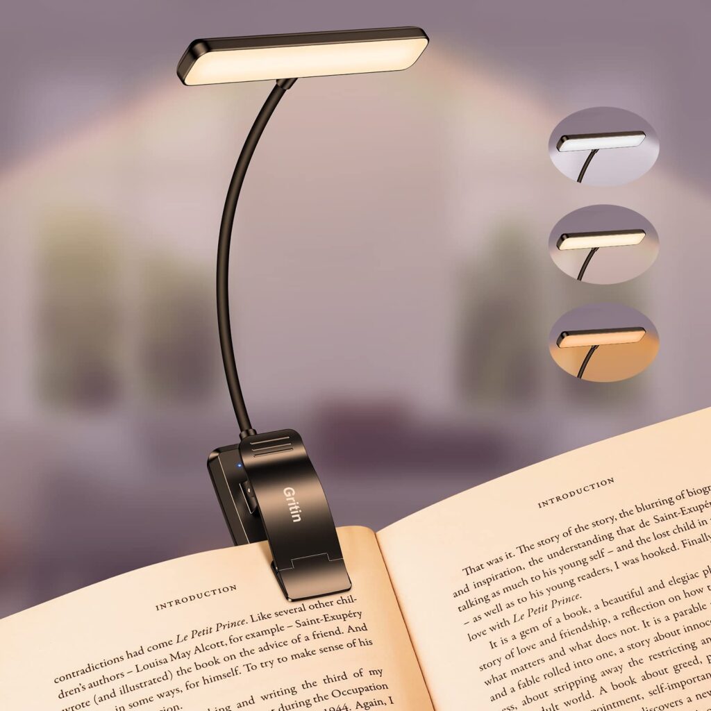 Gritin 19 LED Luce per Lettura Libri a Letto, Ricaricabile con Clip | 3 Temperature di Colore per Gli Occhi, Dimmerabile Senza Livelli, Lunga Durata, Ideal per Studio, Lavoro a Ma…