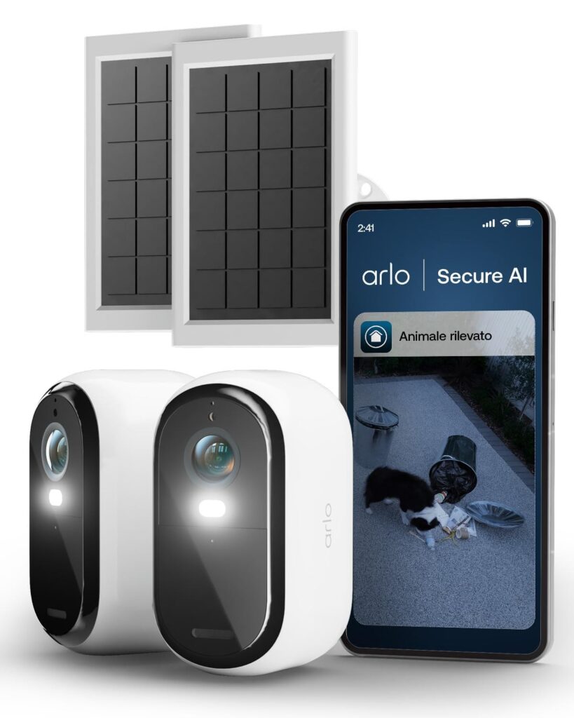 Arlo Essential 3 Telecamera WiFi Esterno Senza Fili + Pannello Solare (2), HD, Telecamera WiFi Interno, Sirena Allarme Casa, Sensore Di Movimento, Prova Inclusa Secure, 2 Telecame…