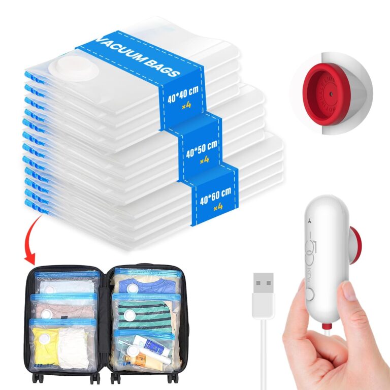 Vacbird Sacchi Sottovuoto Vestiti con Pompa Elettrica Usb, 12 Pezzi di Buste Sottovuoto (4x 40 * 40cm / 4x 40 * 50cm / 4x 40 * 60cm) Sacchetti Sottovuoto Vestiti Viaggio, Riutiliz…