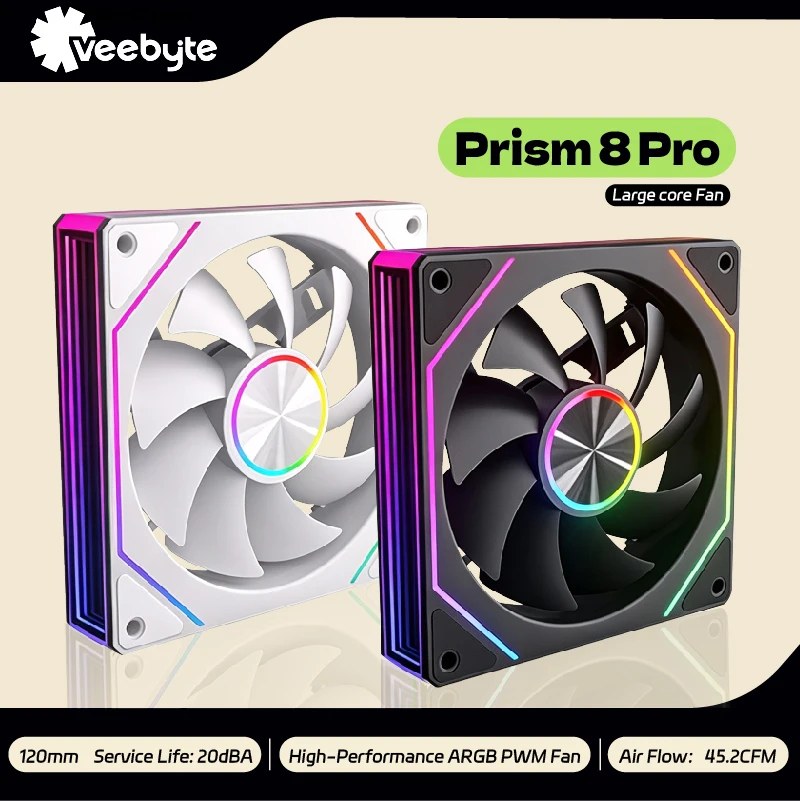 Ventola per PC Veebyte PRISM 8 PRO 120mm ARGB 4PIN 5V-3PIN PWM, Ventola Silenziosa per Raffreddamento, Ventola per Computer 12V con Grande Volume d'Aria 45.2CFM/800-1600RPM