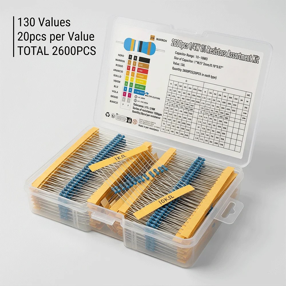 2600 pezzi/lotto, 130 valori, 1/4W 0,25W, 1%, kit assortito di resistori a film metallico, set di resistori assortiti, resistori fissi