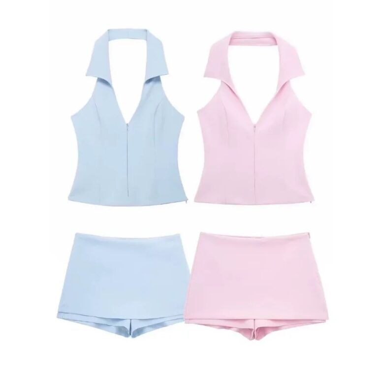 Set da donna estivo da 2 pezzi a vita alta tasca posteriore minigonne pantaloncini sexy scollo a V senza maniche reggicalze senza schienale con cerniera