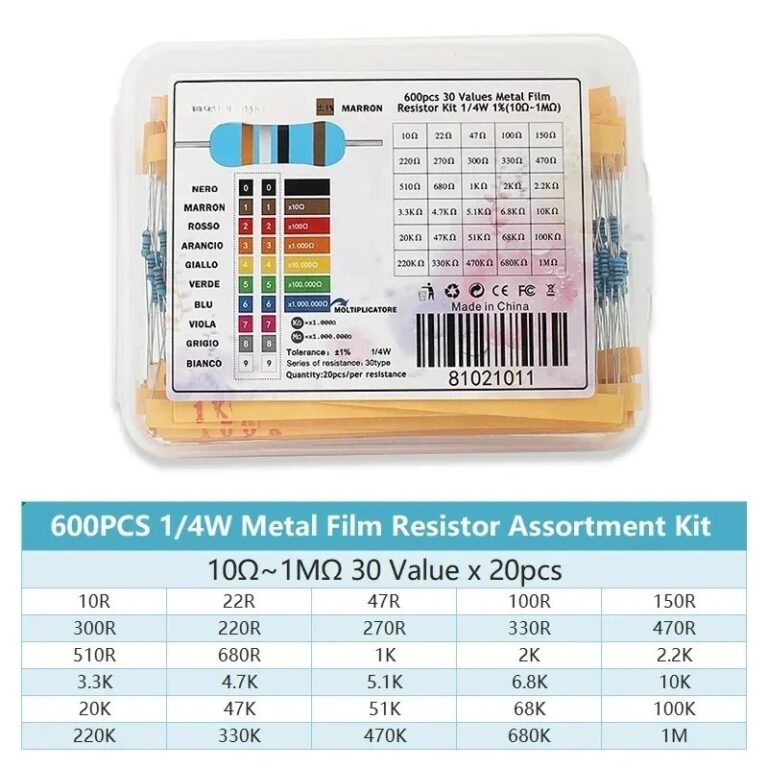 Kit di Resistenze a Film Metallico 1% da 1/4W con Scatola, 300/600 Pezzi, 30 Valori (1K, 10K, 100K, 220ohm, 1M, ecc.)