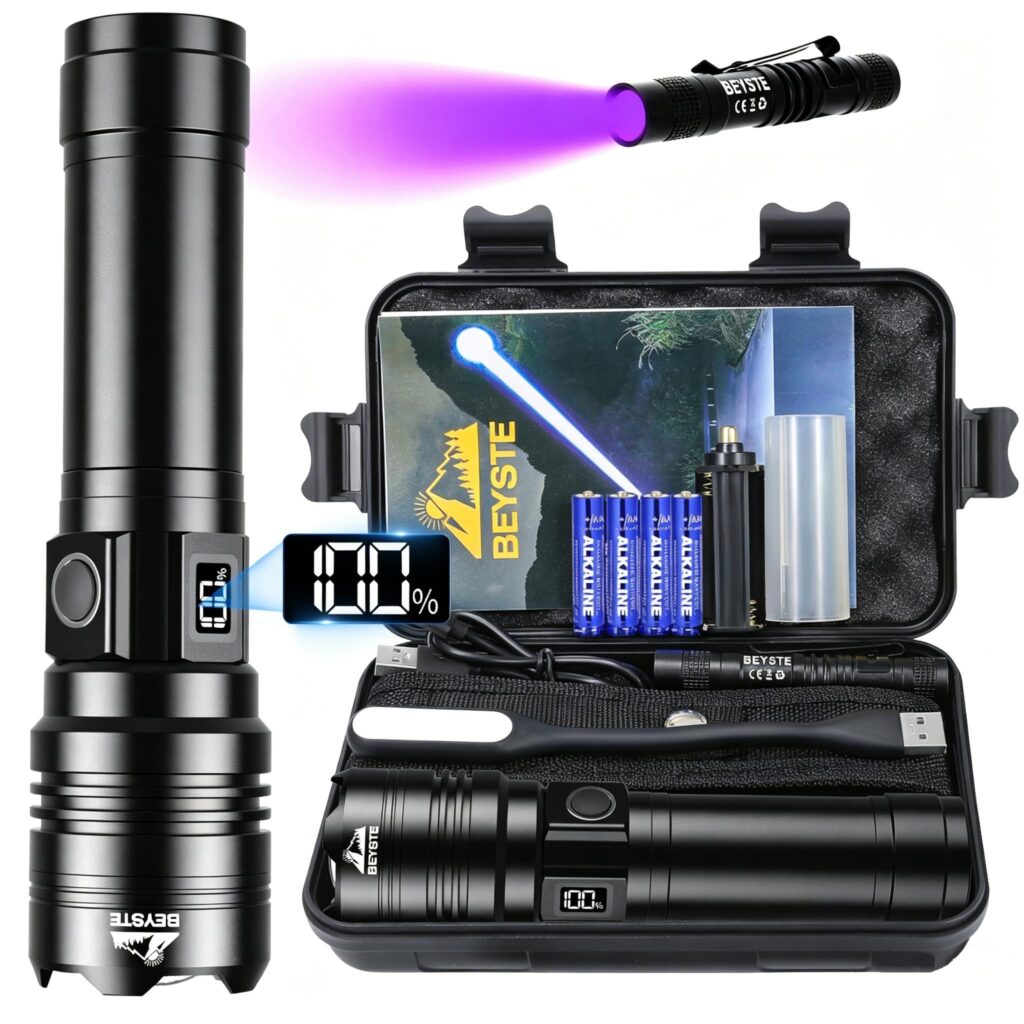 BEYSTE Torcia LED Potente Professionale 1,000,000 Lumens - 1520m Zoomabile | Torcia LED Ricaricabile USB C, 30W 5 Modalità Flashlight IPX6 con Mini Torcia UV 365nm Per Campeggio T…