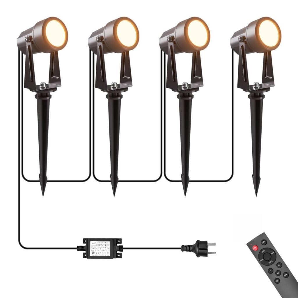LONIUTO Illuminazione da giardino con alimentazione 17M, 3W*4 pezzi Faretti da esterno con Funzione telecomando e timer 3000K Bianco caldo, IP65 Impermeabili per sentieri, prati,…