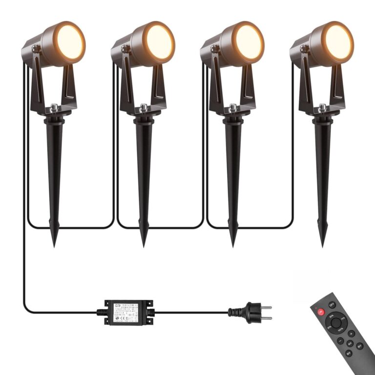 LONIUTO Illuminazione da giardino con alimentazione 17M, 3W*4 pezzi Faretti da esterno con Funzione telecomando e timer 3000K Bianco caldo, IP65 Impermeabili per sentieri, prati,…