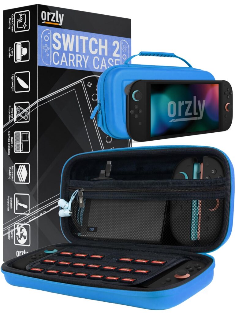 Orzly Custodia per Nintendo Switch 2, custodia protettiva da viaggio con pad per lo schermo, schede di gioco e slot MicroSD con tasche per gli accessori della console