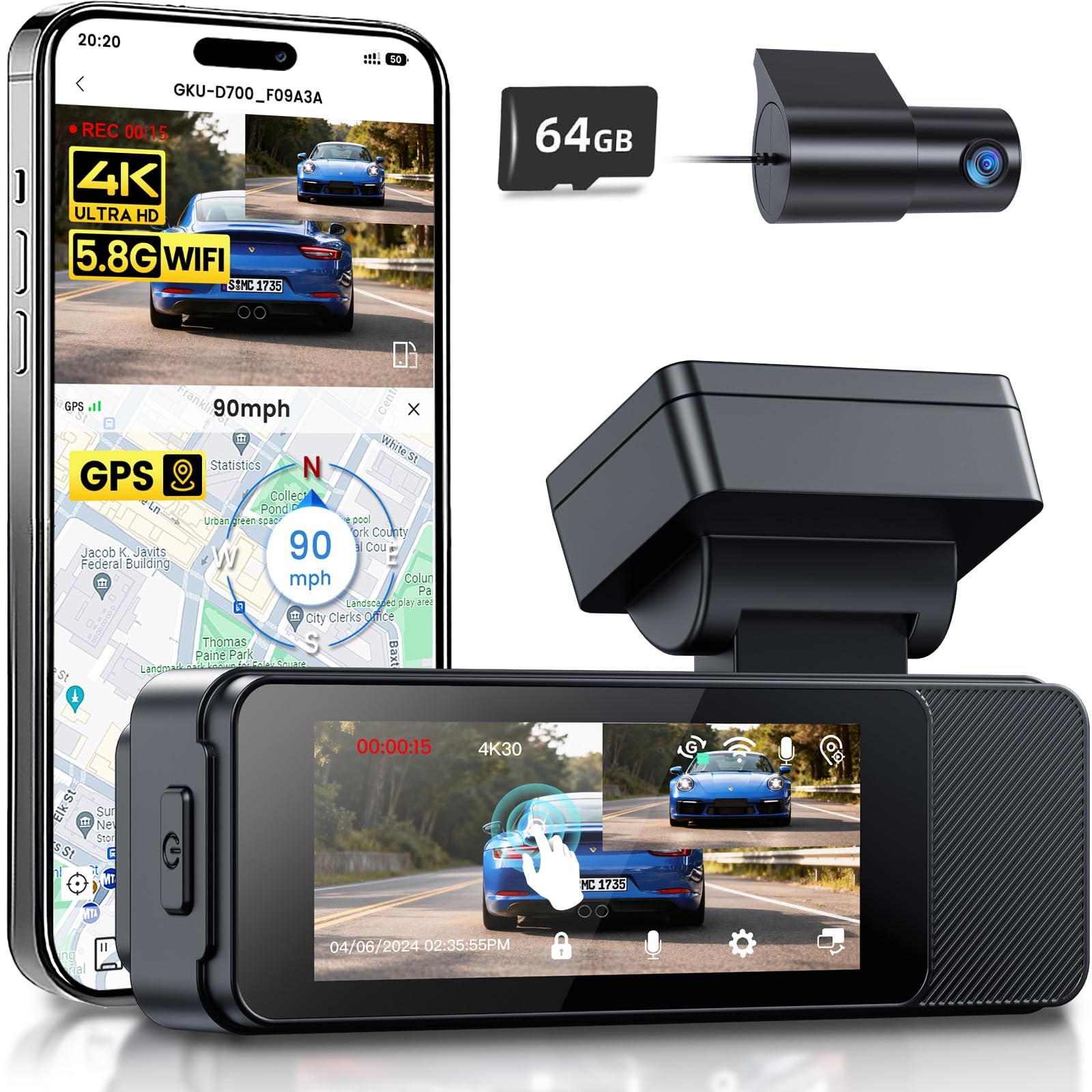 GKU Dash Cam Auto 4K+1080P Fronte e Retro, Scheda SD 64GB Inclusa | 5.8GHz WiFi GPS, Touchscreen 3.18", Visione Notturna WDR, Monitor Parcheggio 24H, G-Sensor, Loop Recording, Con…