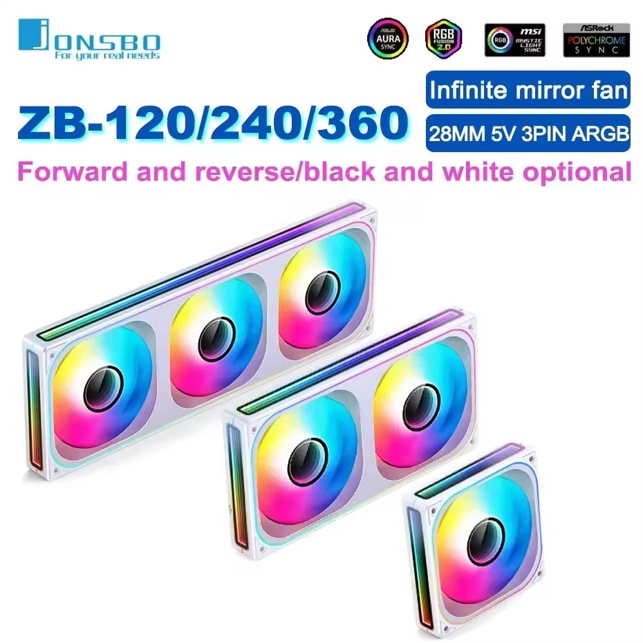 JONSBO ZB-120/240/360 Ventola per case del computer 12CM 5V ARGB 120mm Struttura monolitica Ventola raffreddata ad acqua PWM Kit ventola avanti/indietro