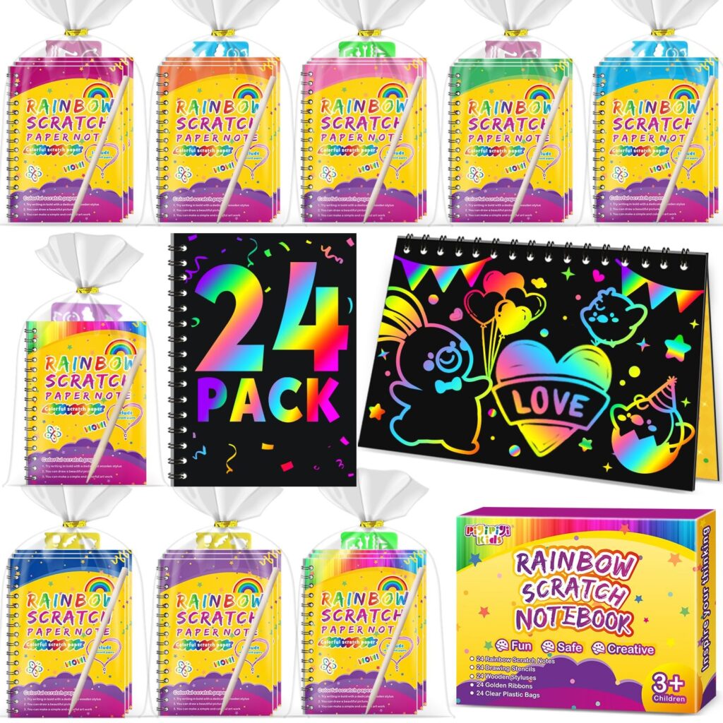 Pigipigi Kids Scratch Art bambini 24 Set, gadget compleanno bambini | 24 Set con Quaderno Grattare, Stencil e Penna Legno, regalini fine festa compleanno bambini, lavoretti creati…