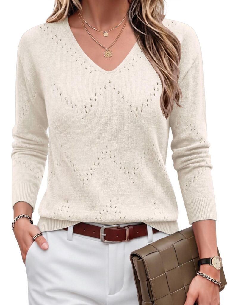 Zeagoo Maglione Lavorato a Maglia Elegante con Scollo a V Autunnale Maglia all'Uncinetto a Maniche Lunghe Moda Maglione Tinta Unita Casual Taglie S-XXL