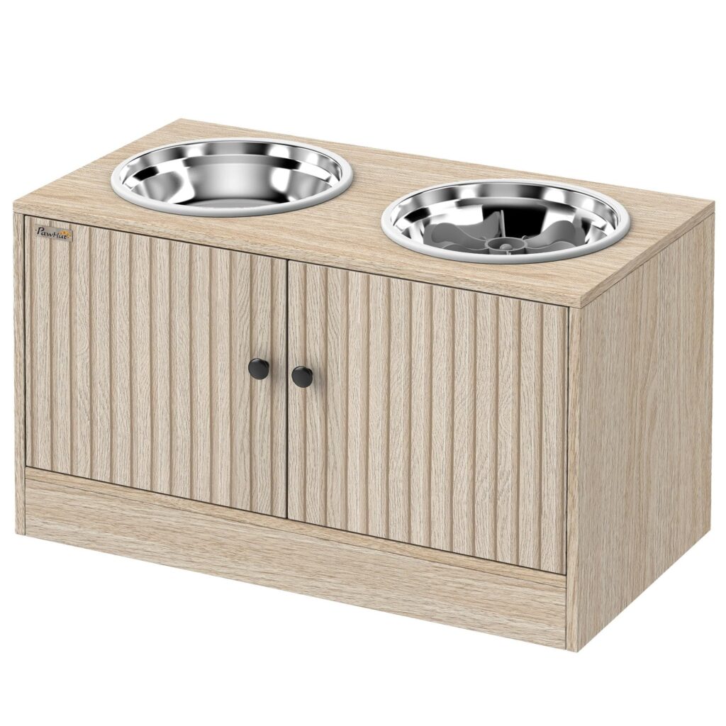 PawHut Portaciotole per Cani di Taglia Grande 2x2L 60x30x35.5 cm Rovere | 2 Ciotole in Acciaio Inox, Spazio Contenitore Inferiore, Porta Ciotole per Cani in Truciolato