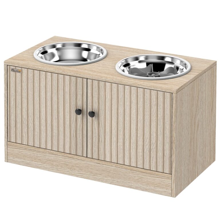 PawHut Portaciotole per Cani di Taglia Grande 2x2L 60x30x35.5 cm Rovere | 2 Ciotole in Acciaio Inox, Spazio Contenitore Inferiore, Porta Ciotole per Cani in Truciolato