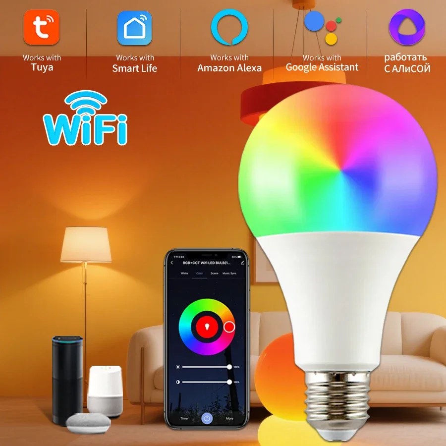 Lampadine LED RGB Smart WiFi Tuya E27, Lampada Intelligente 220V 110V 10W 15W 20W, Controllo Vocale tramite App Smart Life e Google Assistant