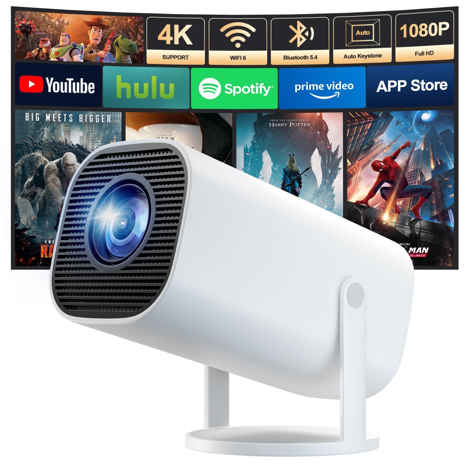 Mini Proiettore 4K Full HD 1080P Supporta, Proiettore Portatile | con WiFi 6 BT 5.4, Correzione Trapezoidale Automatica, Rotazione di 180°, Compatibile con Laptop/HDMI/TV Stick