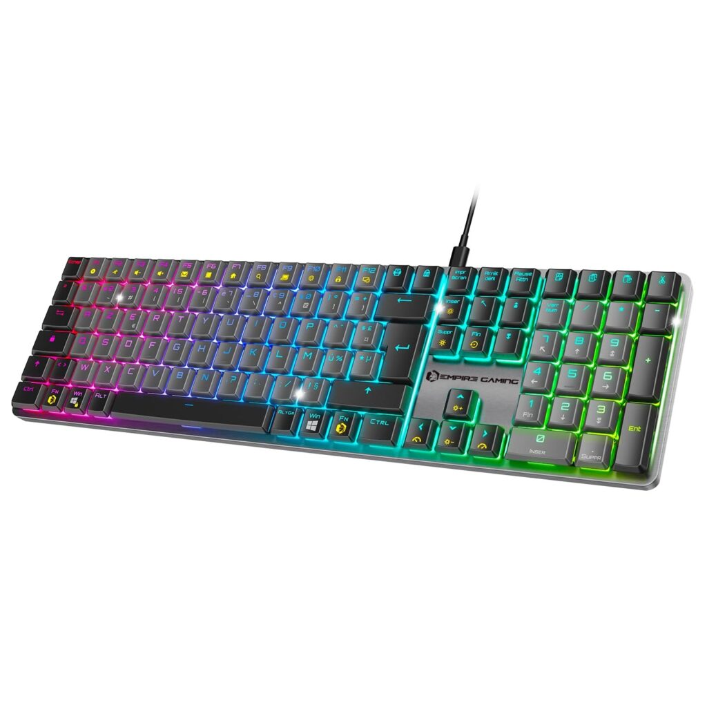 EMPIRE GAMING K243 - Tastiera Gaming Meccanica Wired Slim in Alluminio Low Profile, FR (AZERTY), 111 Tasti USB-C Staccabile, Switchs MX Red, RGB 24 Effetti, NKRO, Compatibile PC/P…