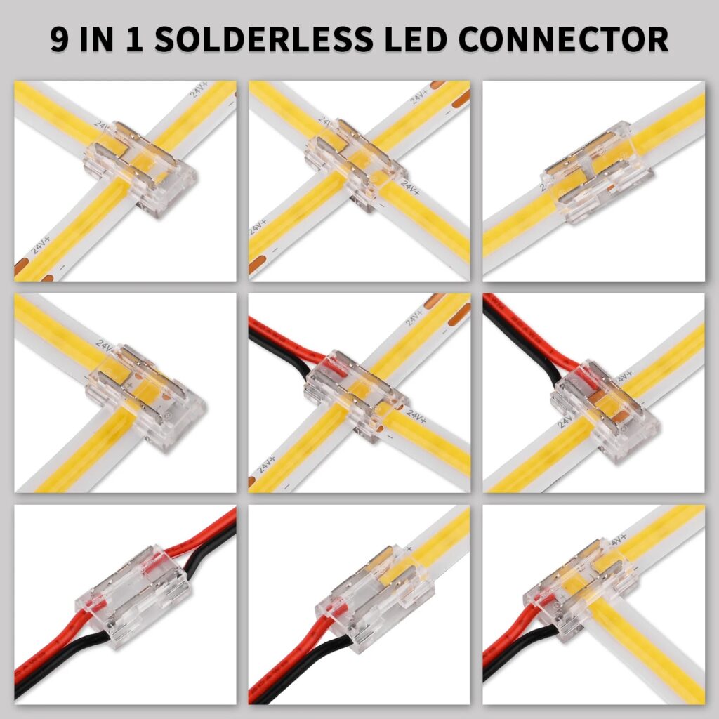 8 connettori LED senza saldatura 9 in 1 trasparenti fai da te L T X forma filo da 15 cm per strisce LED COB da 2 pin 8 mm 10 mm