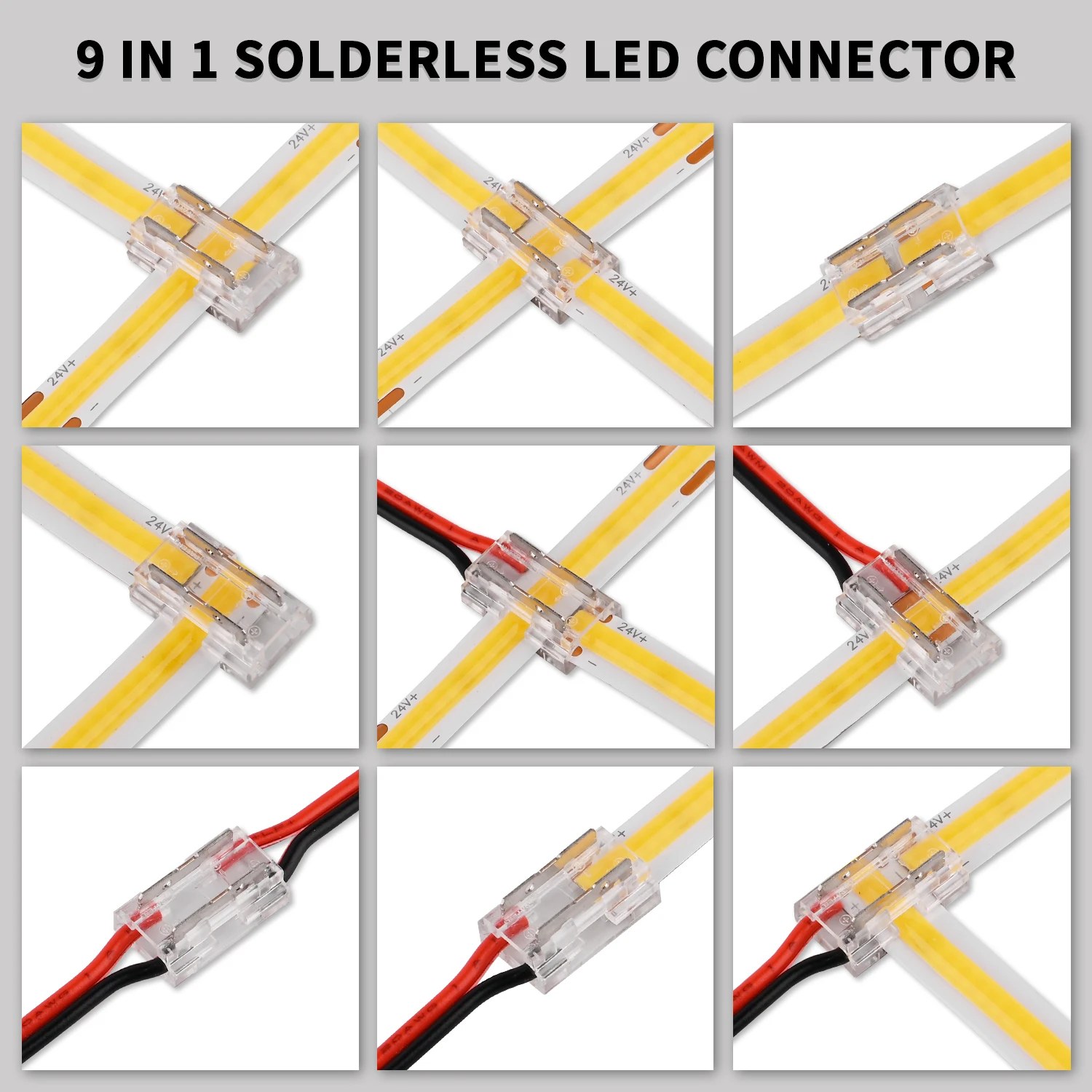 8 connettori LED senza saldatura 9 in 1 trasparenti fai da te L T X forma filo da 15 cm per strisce LED COB da 2 pin 8 mm 10 mm