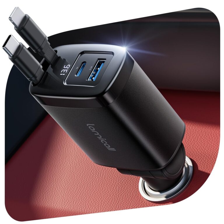 Lamicall 4-IN-1 Caricatore Auto USB C, 75W Caricatore Accendisigari 12V/24V | 2 Cavi Retrattili (Type-C & Cavo per Apple), Display di Tensione, 180° Pieghevole, Adattatore Accendi…