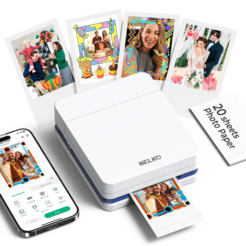 Nelko PP01 Stampante Fotografica Portatile, 20 Fogli Inclusi, Bianco | Connessione Bluetooth per Smartphone, Stampa A Colori Ad Alta Risoluzione per Album, Diari, Viaggi e Progett…