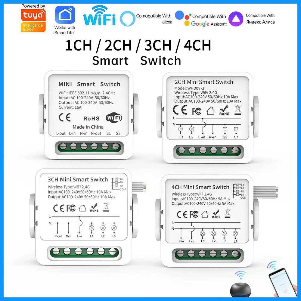 Interruttore Intelligente WiFi Tuya 1/2/3/4 Gang 4-Way Mini Smart Light Breaker Compatibile con Smart Life Alexa Google Home Controllo Vocale
