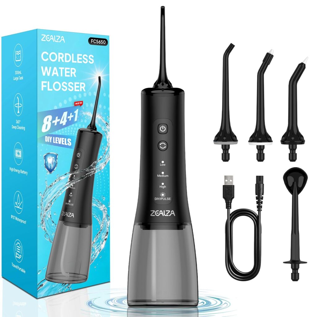 Zealza Idropulsore Dentale Portatile 300ML Irrigatore Orale 13 Modalità DIY | Water Flosser con 5 Ugelli, Pulizia Denti Idropulsore, IPX7, Ideale per Ortodonzia e Gengive Sensibil…