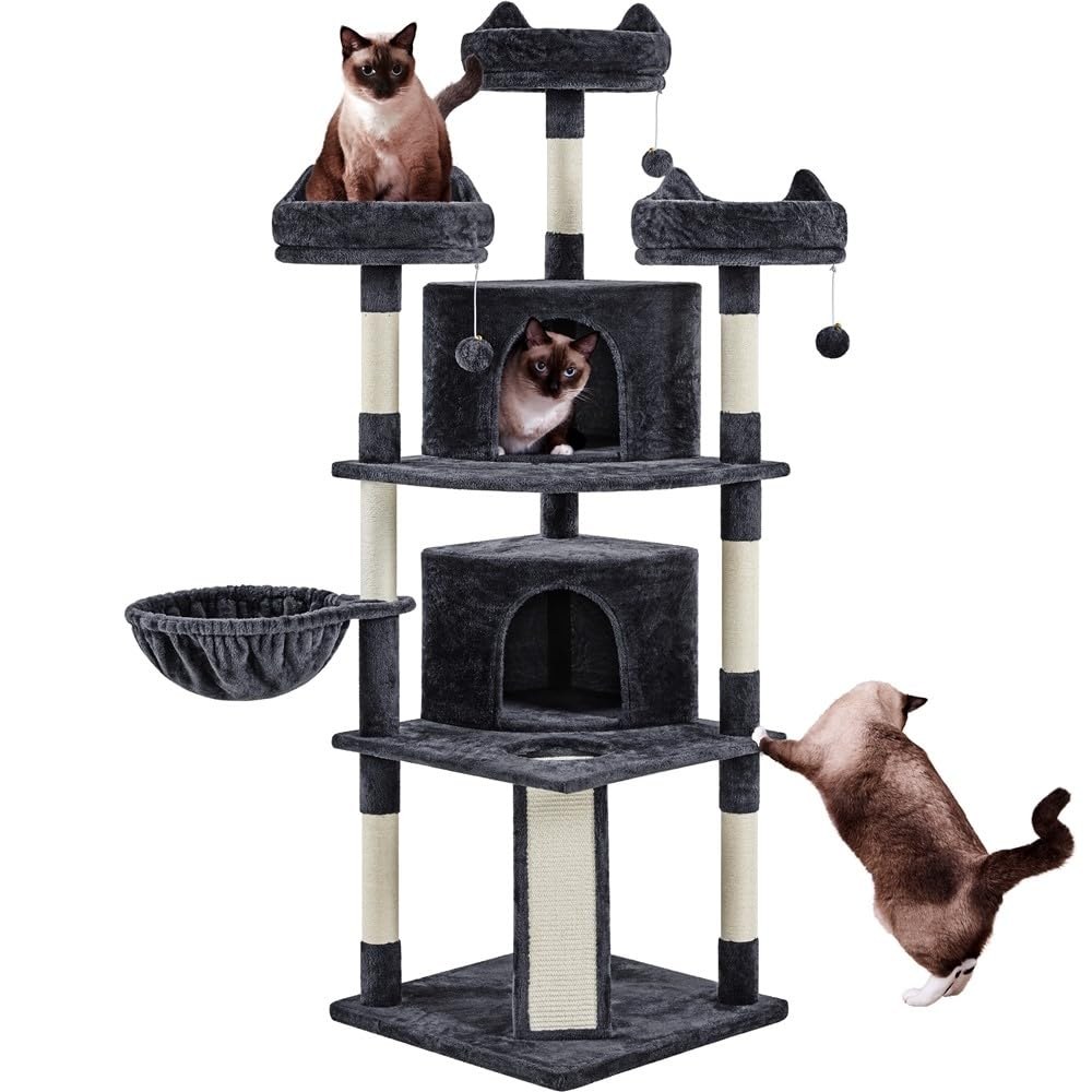 Yaheetech Albero Tiragraffi per Gatti Adulti con Sisal Torre Giocattolo Nero 55 x 55 x 174 cm