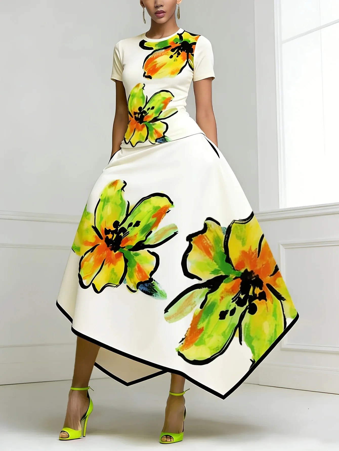 Elegante Completo da Sera a 2 Pezzi per Donna con Stampa Floreale, T-Shirt a Maniche Corte con Collo Tondo e Gonna Midi Asimmetrica a Linea A, Outfit Casual