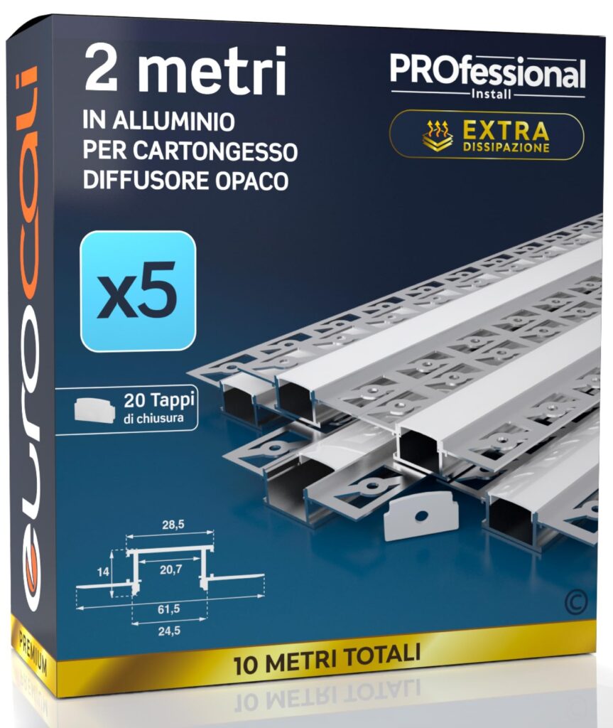5x Profili da 2 metri (10mt) a Scomparsa in Alluminio per Strisce LED | Copertura Opaca larghezza max striscia led 20.7mm - 28.5 x 14 (alette 61.5)